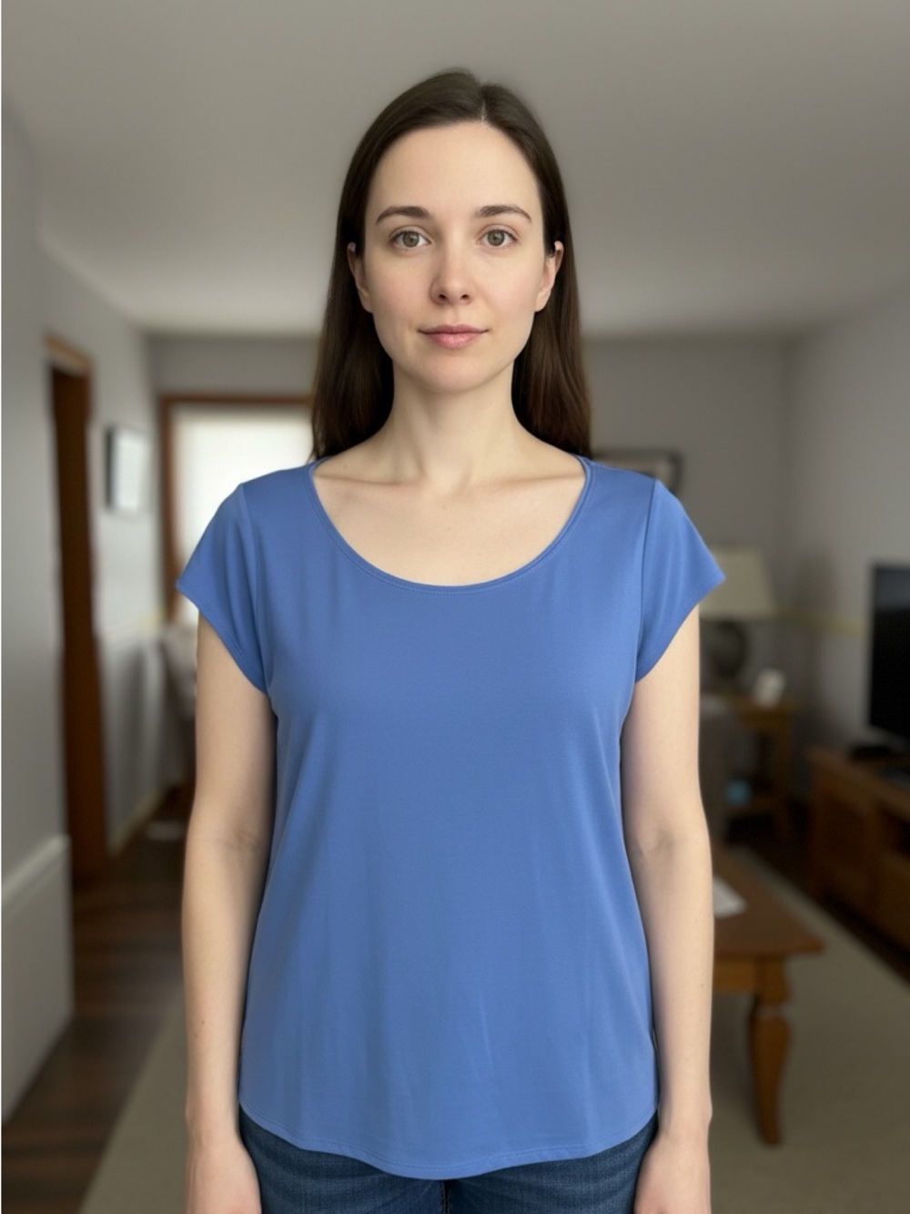 EILEEN FISHER NWT Stretch 100% Silk Jersey Scoop Neck Cap Sleeve M Periwinkle